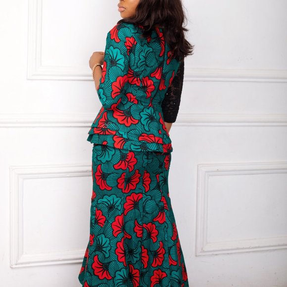 Red teal african print suit with lace 3/4 sleeves - Picture 3 of 4